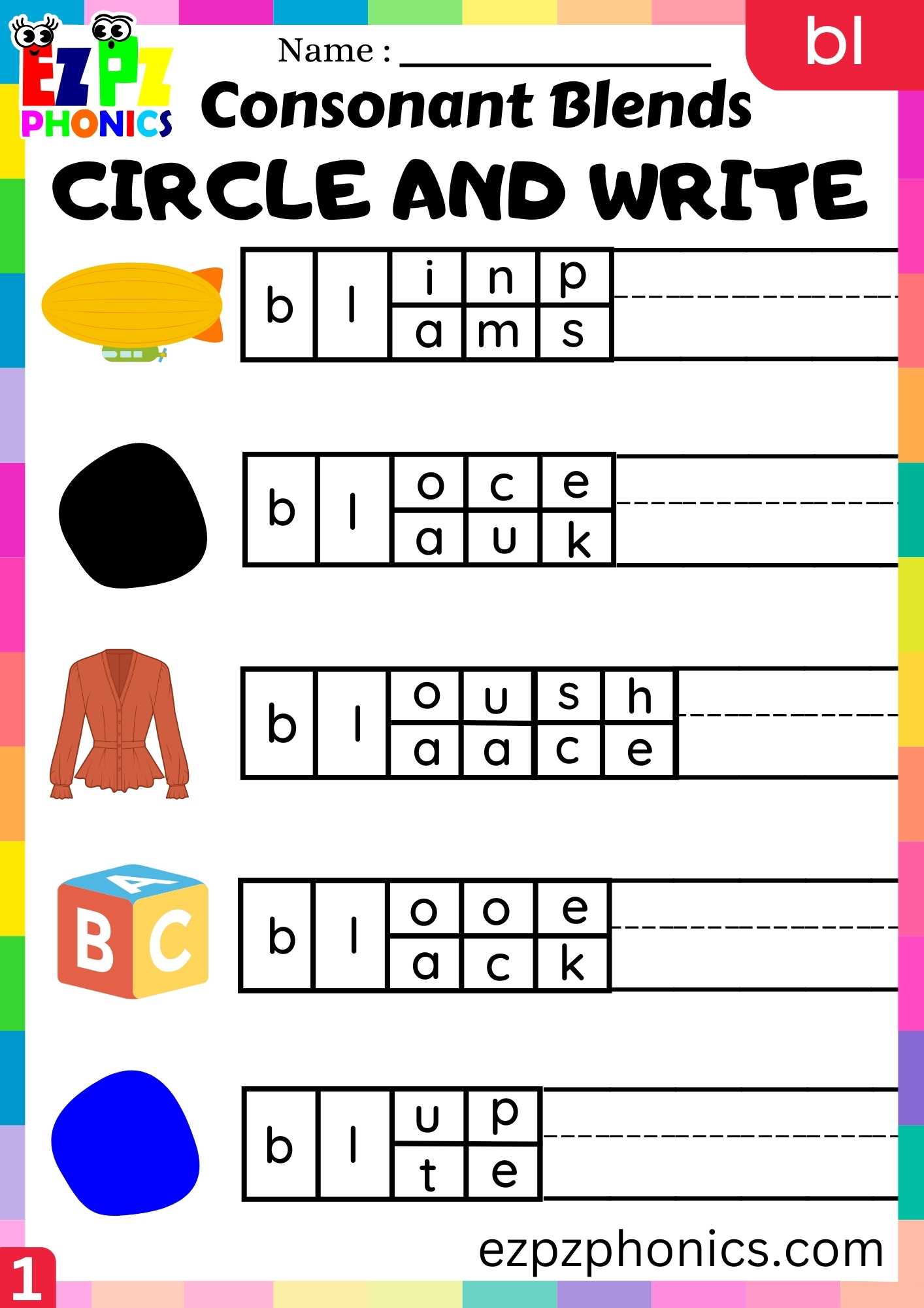 Group1 BL Words Circle And Write Phonics Consonant Blends Worksheet